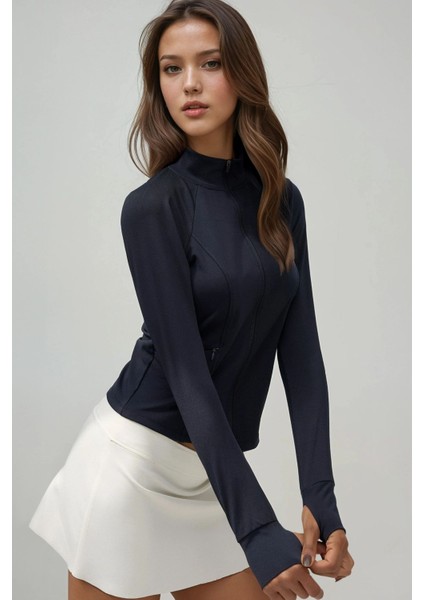 Kadın Dar Kesim Örme Dik Yaka Fermuarlı Aktif Üst Blue fiyatları