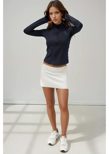 Kadın Dar Kesim Örme Dik Yaka Fermuarlı Aktif Üst Blue fırsatları