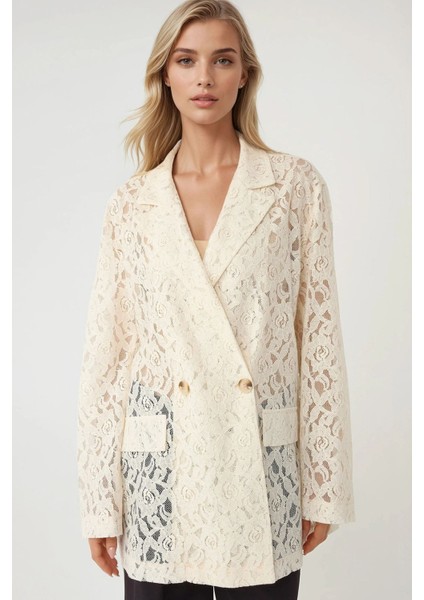 Kadın Çiçekli Dantel Uzun Kollu Ceket Pika Koleksiyonu Fildişi Doğal