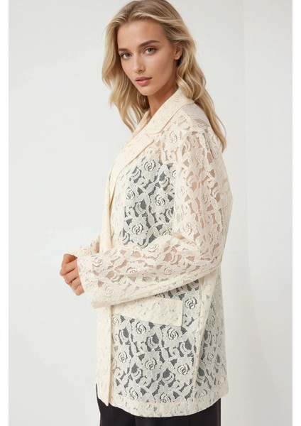 Kadın Çiçekli Dantel Uzun Kollu Ceket Pika Koleksiyonu Fildişi Doğal fırsatları