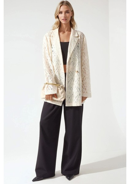 Kadın Çiçekli Dantel Uzun Kollu Ceket Pika Koleksiyonu Fildişi Doğal indirimleri