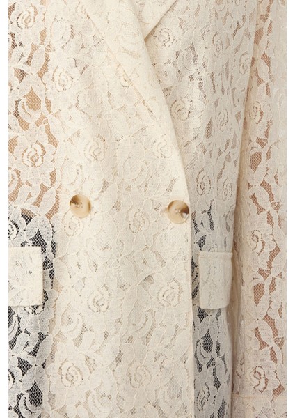 Kadın Çiçekli Dantel Uzun Kollu Ceket Pika Koleksiyonu Fildişi Doğal