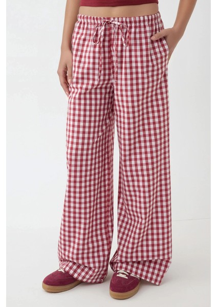 Kadın Geniş Paça Ekose Kareli Pantolon Bordo Kırmızı