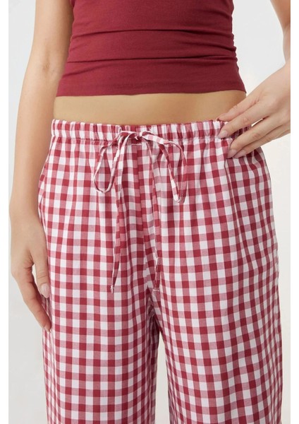 Kadın Geniş Paça Ekose Kareli Pantolon Bordo Kırmızı fiyatları