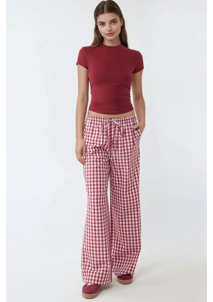 Kadın Geniş Paça Ekose Kareli Pantolon Bordo Kırmızı modelleri