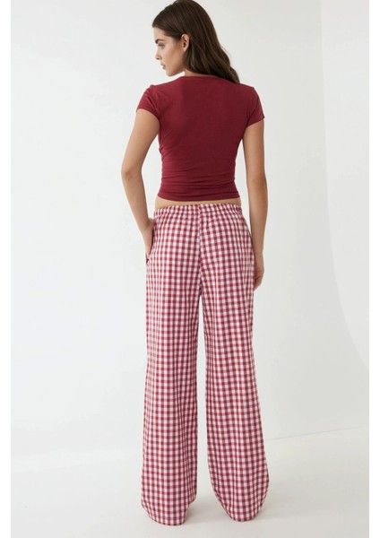 Kadın Geniş Paça Ekose Kareli Pantolon Bordo Kırmızı fırsatları