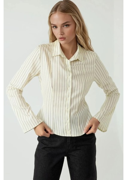 Kadın Slim Fit Çizgili Gömlek Limon Sarısı