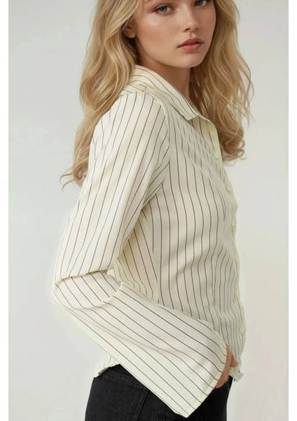 Kadın Slim Fit Çizgili Gömlek Limon Sarısı fiyatları