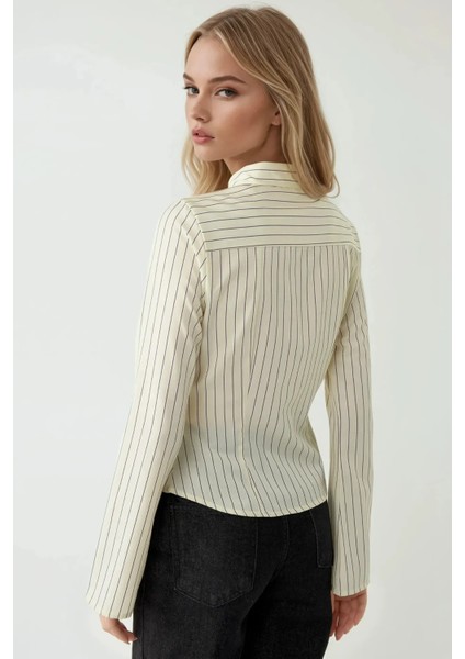 Kadın Slim Fit Çizgili Gömlek Limon Sarısı modelleri