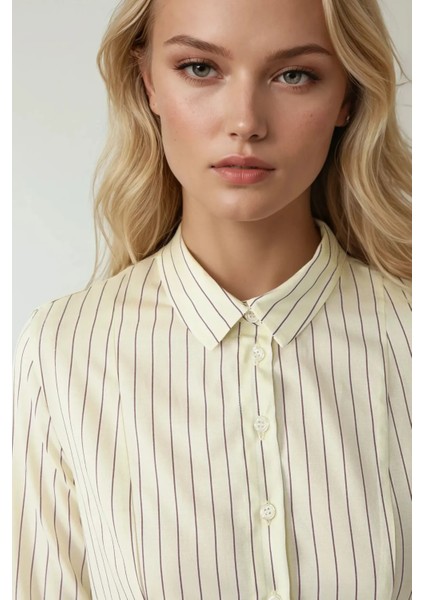 Kadın Slim Fit Çizgili Gömlek Limon Sarısı fırsatları