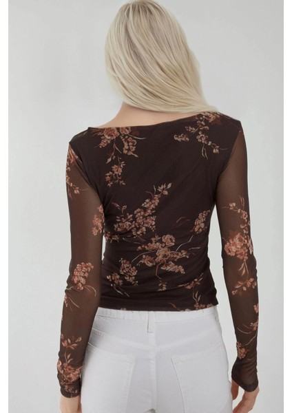 Kadın Kalp Yaka Baskılı Uzun Kollu Üst Mocha Kahvesi indirimleri