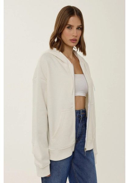 Kadın Rahat Fit Fermuarlı Kapüşonlu Hoodie Natural modelleri