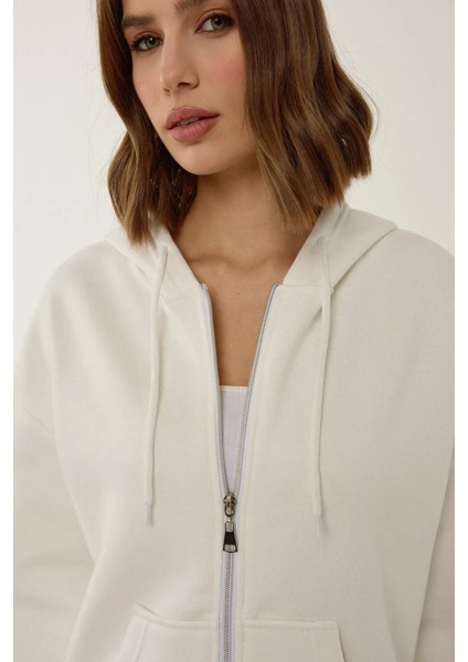 Kadın Rahat Fit Fermuarlı Kapüşonlu Hoodie Natural indirimleri