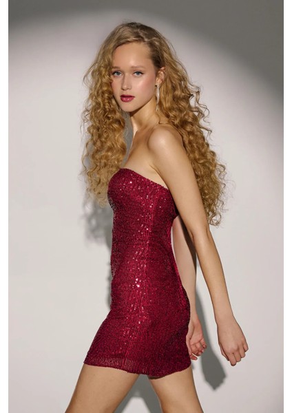 Kadın Straplez Payetli Bodycon Mini Elbise Bordo Kırmızı fırsatları