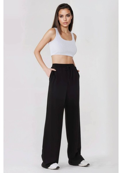 Kadın Wide Leg Beli Lastikli Örme Eşofman Altı Black modelleri