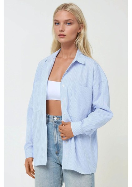 Kadın Çizgili Uzun Kollu Regular Fit Rahat Gömlek Blue fiyatları