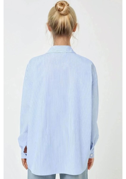 Kadın Çizgili Uzun Kollu Regular Fit Rahat Gömlek Blue modelleri
