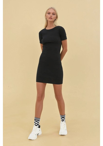 Kadın Bisiklet Yaka Kısa Kol Mini Elbise Black
