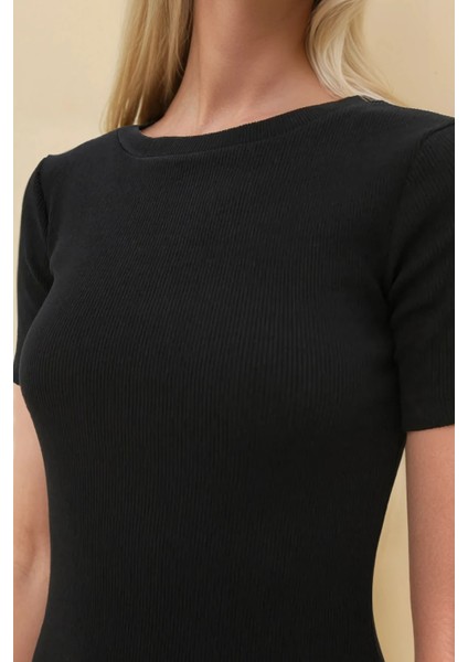 Kadın Bisiklet Yaka Kısa Kol Mini Elbise Black modelleri