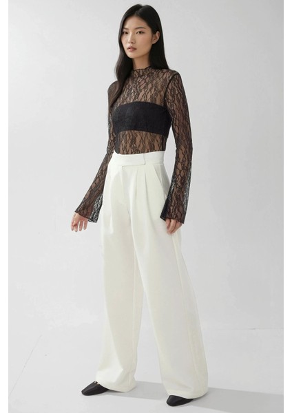 Kadın Yüksek Bel Geniş Paça Pileli Palazzo Pantolon Beyaz fiyatları