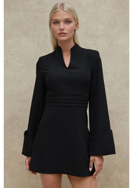 Kadın Şık V Yaka Uzun Kollu Mini Elbise Siyah