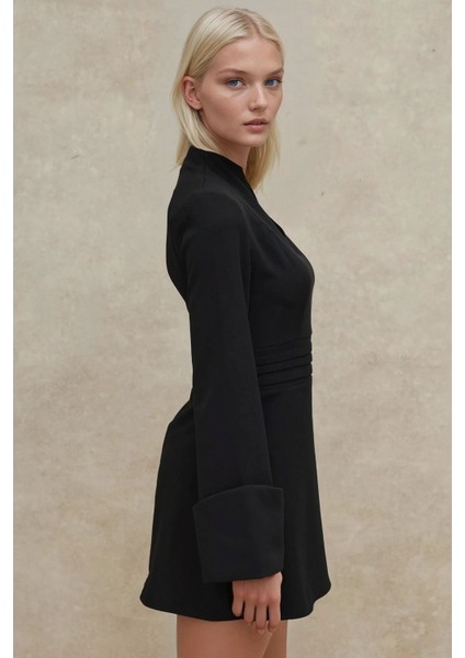 Kadın Şık V Yaka Uzun Kollu Mini Elbise Siyah modelleri