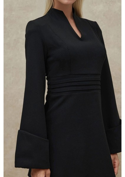 Kadın Şık V Yaka Uzun Kollu Mini Elbise Siyah fırsatları
