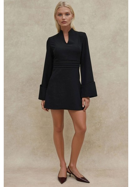 Kadın Şık V Yaka Uzun Kollu Mini Elbise Siyah indirimleri