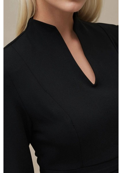 Kadın Şık V Yaka Uzun Kollu Mini Elbise Siyah