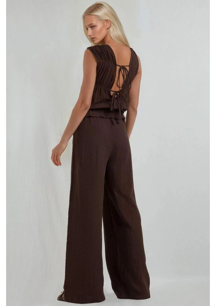 Kadın Yuvarlak Yakalı Dokulu Geniş Paça Tulum Brown modelleri