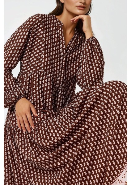 Kadın Desenli V Yaka Modest Elbise Kahverengi fırsatları