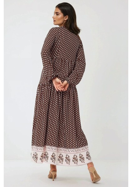 Kadın Desenli V Yaka Modest Elbise Kahverengi indirimleri