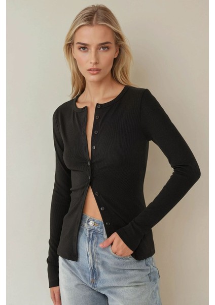 Kadın Slim Fit V Yaka Uzun Kol Örme Likralı Hırka Siyah