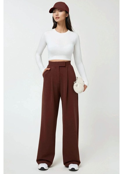 Kadın Yüksek Bel Likralı Cırt Kapamalı Krep Palazzo Pantolon Kahverengi fiyatları
