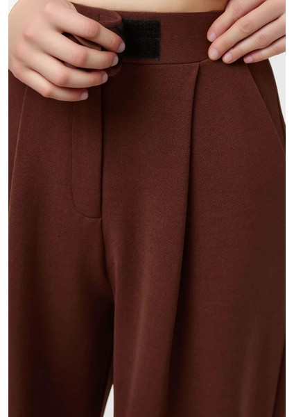 Kadın Yüksek Bel Likralı Cırt Kapamalı Krep Palazzo Pantolon Kahverengi