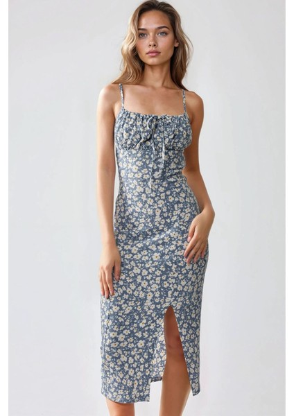Kadın Yırtmaç Detaylı Çiçek Desenli Bodycon Midi Elbise Toz Mavi