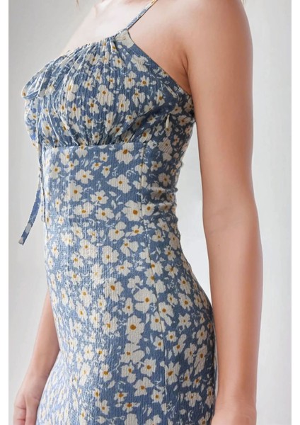 Kadın Yırtmaç Detaylı Çiçek Desenli Bodycon Midi Elbise Toz Mavi modelleri