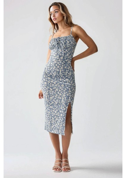 Kadın Yırtmaç Detaylı Çiçek Desenli Bodycon Midi Elbise Toz Mavi indirimleri