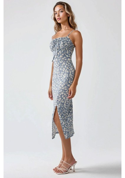 Kadın Yırtmaç Detaylı Çiçek Desenli Bodycon Midi Elbise Toz Mavi