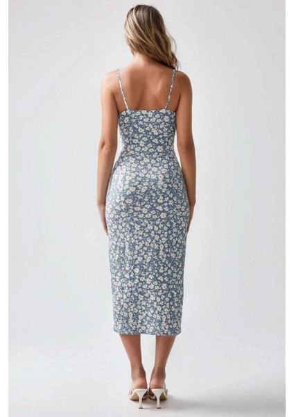 Kadın Yırtmaç Detaylı Çiçek Desenli Bodycon Midi Elbise Toz Mavi