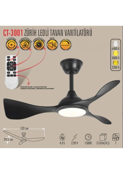 Zürih LED Tavan Vantilatör Sessiz (CT-3001) fiyatları
