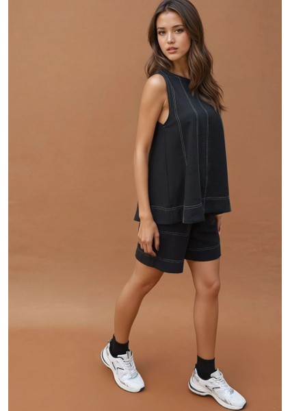 Kadın Dikiş Detaylı Denim Görünümlü Rahat Kesim İkili Takım Siyah fiyatları