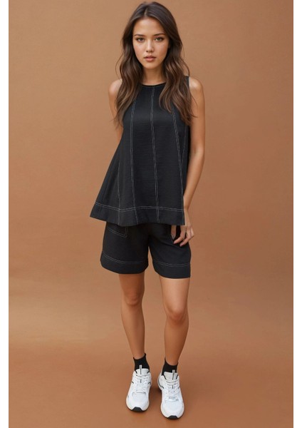 Kadın Dikiş Detaylı Denim Görünümlü Rahat Kesim İkili Takım Siyah