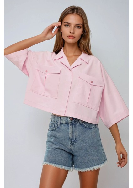 Kadın Zarf Cepli Kısa Gömlek Pink