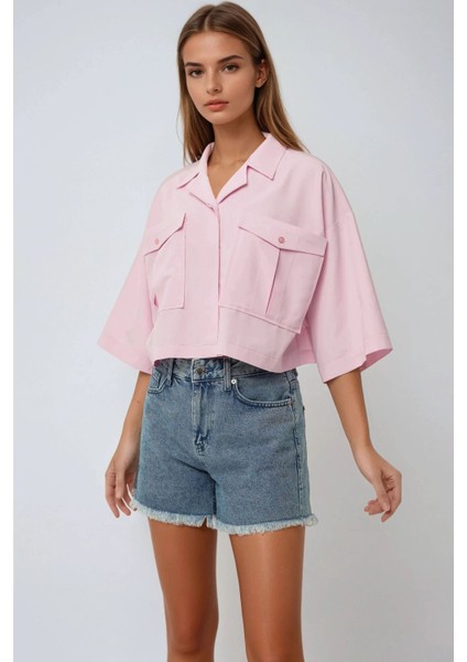 Kadın Zarf Cepli Kısa Gömlek Pink fiyatları