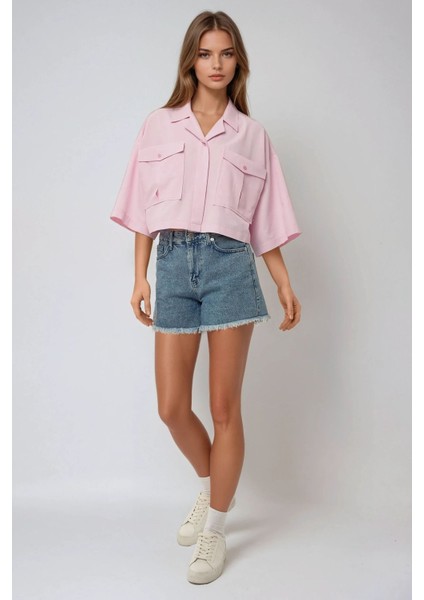 Kadın Zarf Cepli Kısa Gömlek Pink fırsatları