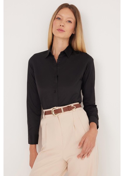Kadın Slim Fit Dar Kesim Vucüda Oturan Uzun Kollu Siyah Basic Gömlek fiyatları