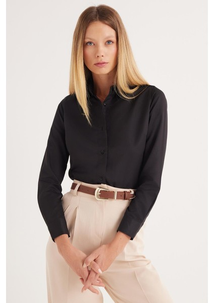 Kadın Slim Fit Dar Kesim Vucüda Oturan Uzun Kollu Siyah Basic Gömlek fırsatları