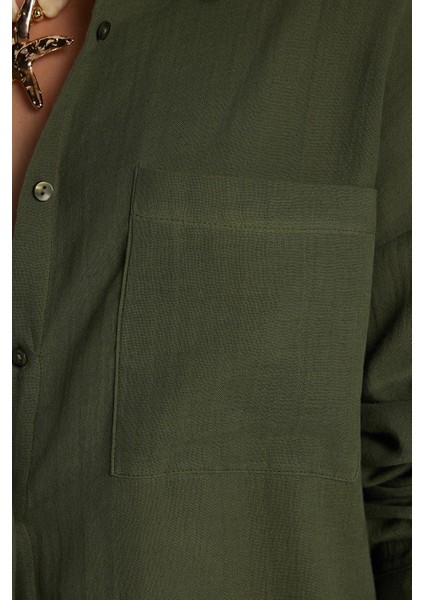 Kadın Oversize Geniş Kesim %100 Pamuk Müslin Kumaş Uzun Kollu Cepli Dokulu Haki Gömlek modelleri