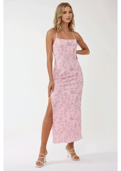 Kadın Kare Yaka Baskılı Tül Maxi Elbise Parlak Pembe fiyatları
